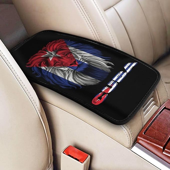 Vintage Cuba Cuban Flag Lion Head Auto Center Console Armrest Cover Car Handrail Box Cushion Pad Mat Universal Fit Most Vehicle Sedan Truck SUV Soft Comfort Decor Accessories