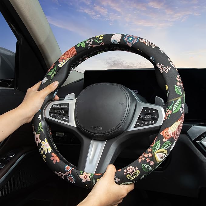 Black Cat Flower Steering Wheel Cover Auto Jacquard Steering Wheel Protector, Anti-Slip, Breathable, Absorbing Sweat, Universal Cat Car Accessories 14.5–15 inch,Fit for Most Car, Trucks, SUV