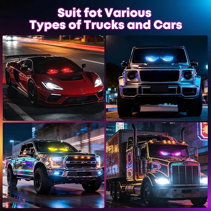 2PC 5800 Lux High-Brightness Devil Eyes LED Light Strips for Cars/Trucks/SUVs - 23.6"x4.73" Customizable Windshield Decoration with App Control, IP68 Waterproof, USB-Powered