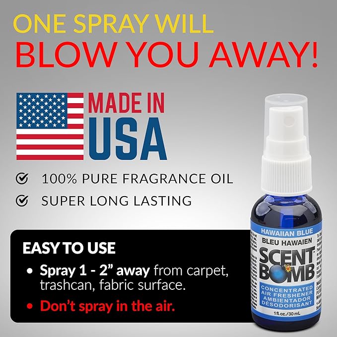 Scent Bomb Air Freshener Spray, Long-Lasting Odor Eliminator - Effective Deodorizer for Home & Car, Fresh Room Spray for Kitchen, Bathroom & Smell Neutralizer - 1 oz Pack of 4, Hawaiian Blue Scent
