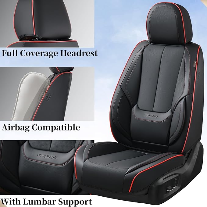 Coverado Seat Covers, Car Seat Covers Front Seats, Car Seat Cover, Car Seat Protector Waterproof, Car Seat Cushion Nappa Leather, BlackRed Seat Covers Carseat Cover Universal Fit for Most Cars