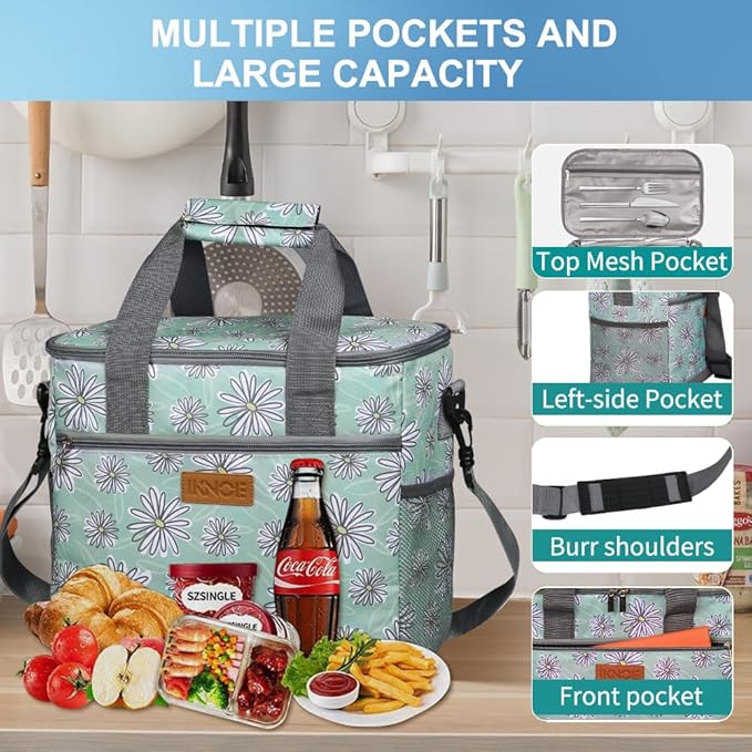 Iknoe Large Cooler Bag Collapsible 24 Can Insulated Bags Leakproof Lunch Cooler Tote with Multi-Pockets for Adult Insulated Thermal Bag for Beach, Picnic, Office Work(Daisy)