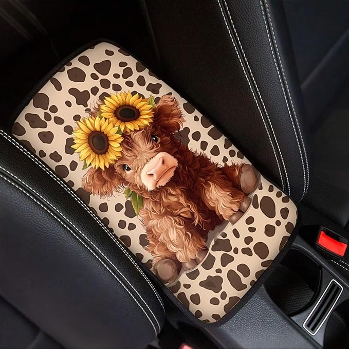 Dreaweet Car Center Console Cover Cute Highland Cow Car Accessories Arm Rest Cover for Car Women Soft Comfortable Car Armrest Storage Box Mat Easy to Install