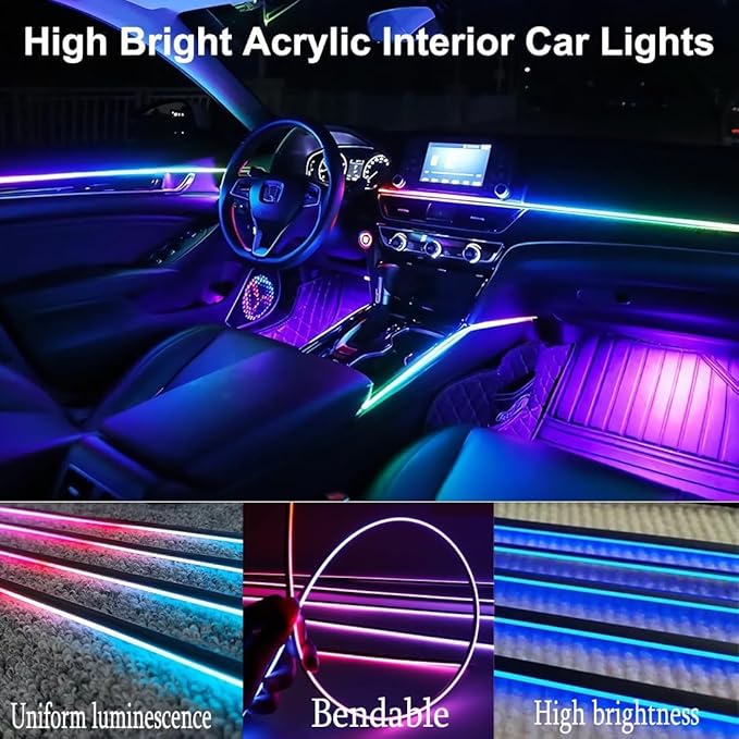 Dreamcolor Acrylic Interior Car LED Strip Lights,43.3in USB RGB Neon Flexible Strip Fiber Optic LED Ambient Lighting Kits with Remote APP, RGB Music Lights Sync for Inside car Decorations