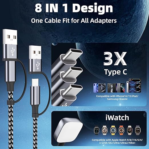 4 in 2 Charging Cable for Phone Watch Charger with 3 Type-C Ports, Travel Essentials USB C Splitter Multi Charging Cable/Cord for iWatch Ultra/SE/11-1, iPhone17 16 15 14, Android, More -1Pack 5FT