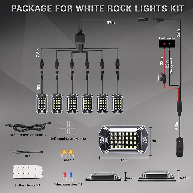 6 Pods Full Angle Pure White LED Rock Lights for Golf Cart ATV UTV RZR Trucks Offroad Pickup RV SUV, 6500K Super Bright Waterproof White Underglow Kit with Switch Wiring Harness Extension Wires