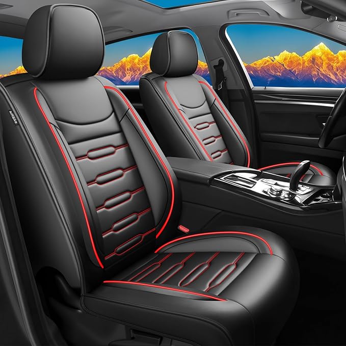 Fit Forester Car Seat Covers for Subaru Forester 2007-2025 2026 - Upgraded Premium Waterproof & Breathable Leather, Airbag Compatible, All-Weather Seat Cushion Protector (2 Front/Black+Red)