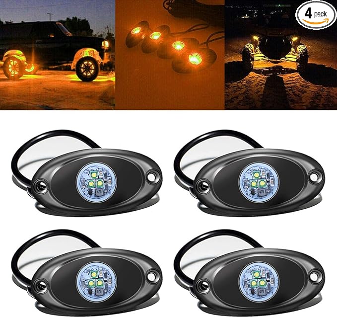4 Pods LED Rock Light for Jeep ATV SUV Offroad Car Truck Boat Underbody Glow Trail Rig Lamp Underglow LED Neon Lights Waterproof 12V 24V Yellow Orange (Amber)