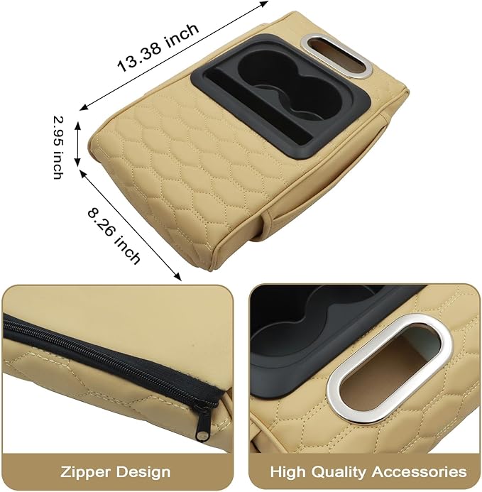 Priprilod Beige Car Center Console Armrest Pillow, Memory Foam with Cup Holder and Cell Phone Holder, Multifunctional Car Center Console Organizer, Universal Fit for Most Car Interior Accessories