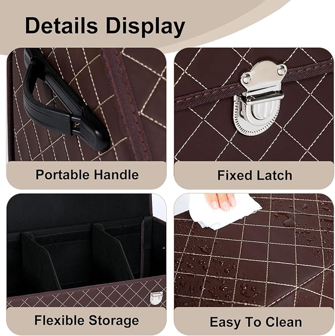 Trunk Organizer with Lid for Car Foldable Storage Box Heavy Duty PU Leather Cargo Organizer for SUV Sedan Waterproof (Brown, Large)