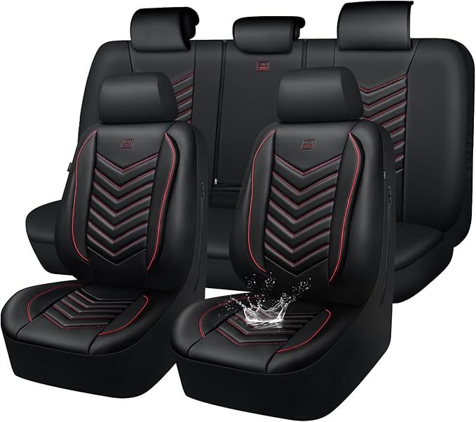CAR PASS 3D Foam Faux Leather Car Seat Covers Full Set, Red Waterproof Leather Seat Cover for Cars,Luxury Universal Fit for SUV Truck Sedan Automotive,Armrest Airbag Compatible Anti-Slip,Black and Red