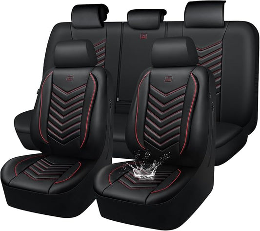 CAR PASS 3D Foam Faux Leather Car Seat Covers Full Set, Red Waterproof Leather Seat Cover for Cars,Luxury Universal Fit for SUV Truck Sedan Automotive,Armrest Airbag Compatible Anti-Slip,Black and Red