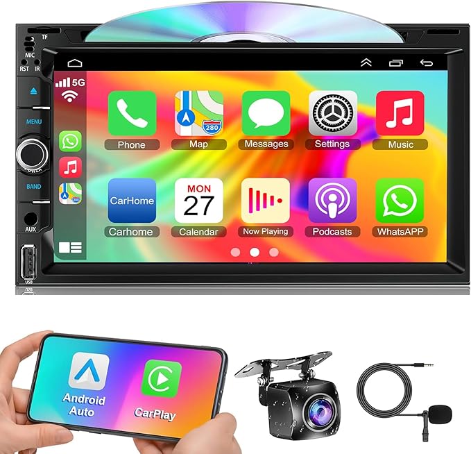 Double Din Car Radio Stereo with 7-Inch Touch Screen, Support CD/DVD Player,Wireless&Wired CarPlay/Android Auto, Bluetooth 5.2, Backup Camera Included, USB/TF/AUX, FM/AM Radio, EQ