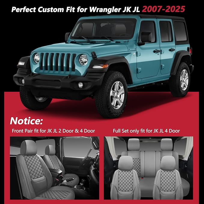 Wrangler Seat Covers 2007-2026 Front Pair, Waterproof Leather Interior Sets with Lumbar Support Custom Fit for Jeep Wrangler JK JL 2/4 Door Unlimited Sahara/Sport/Rubicon X 392 Willys, Gray