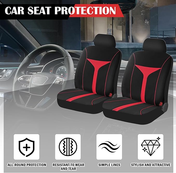 4PCS Car Seat Covers Full Set,Breathable Front Seat Covers for Cars for Reducing Back Sweating & Protection,Stylish Car Cover Seats with Reddish Line Cars Interior Accessories (Red)