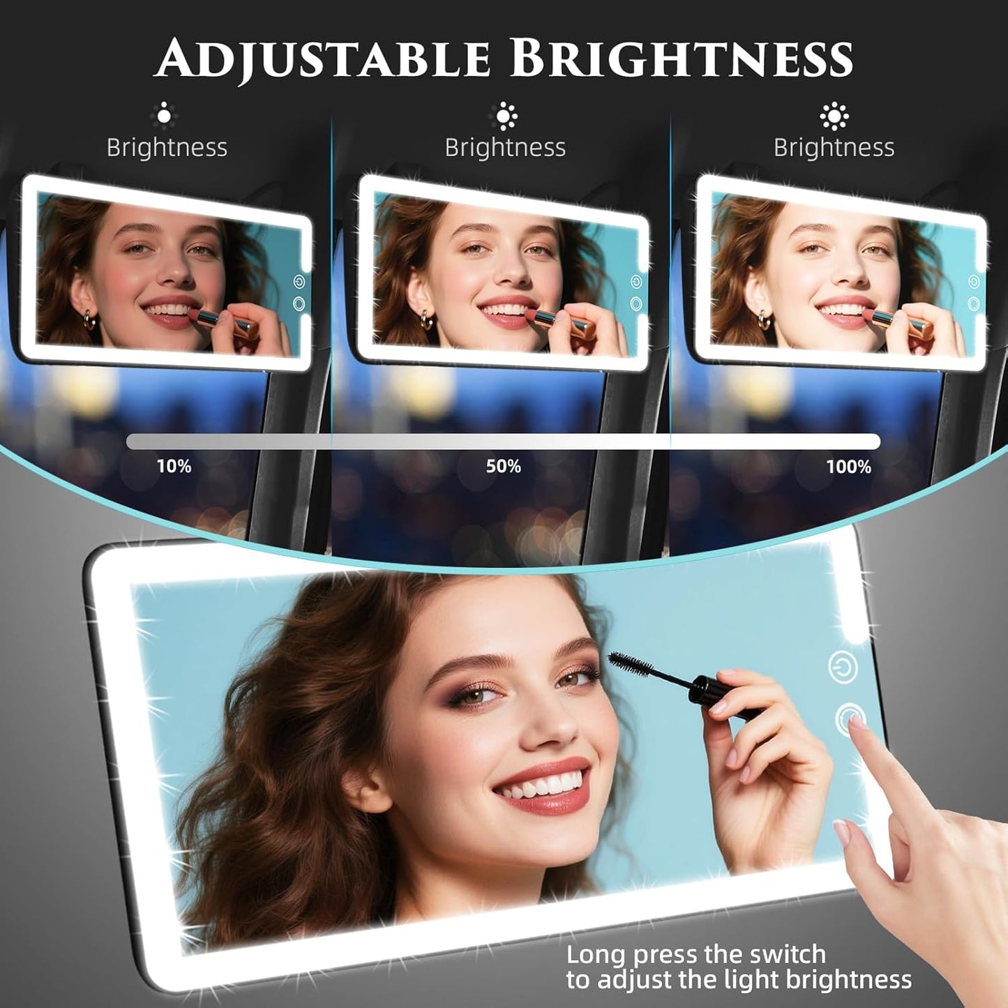 Car Sun Visor Vanity Mirror,Rechargeable Led Makeup Mirror with 3 Light Modes,Dimming Lights,Black