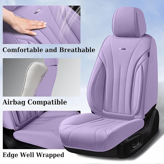 Coverado Front Seat Covers for Cars, Luxury Leather Seat Covers, Waterproof Car Seat Protector, Driver Car Seat Cushions Universal Fit for Most Sedan, SUV, Trucks (Purple)