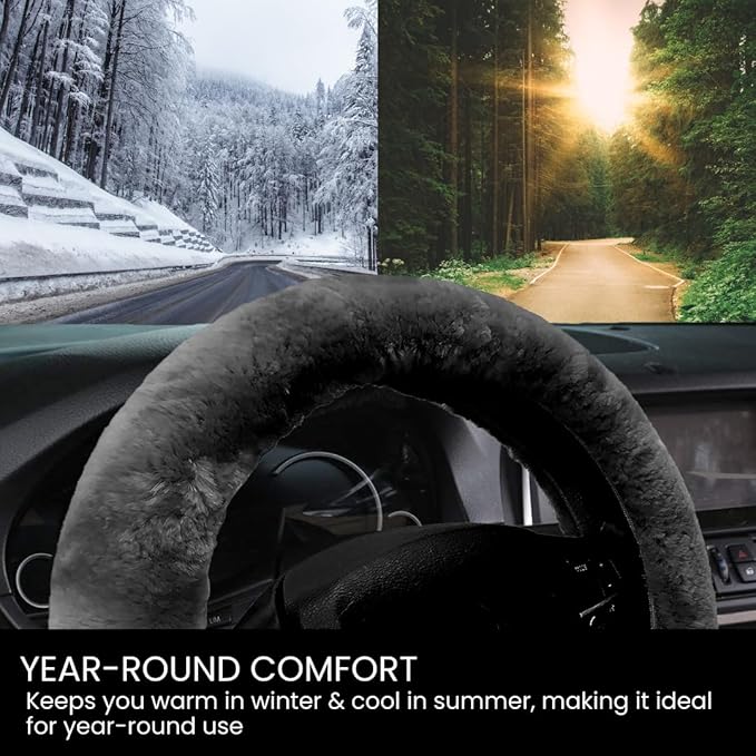 Andalus Brands Luxury Fluffy Car Steering Wheel Covers – Genuine Merino Sheepskin, Soft Fuzzy Car Steering Wheel Cover for Women, Universal 14.5-15" Size, Plush Fur Cute Auto Accessories, Carbon Black