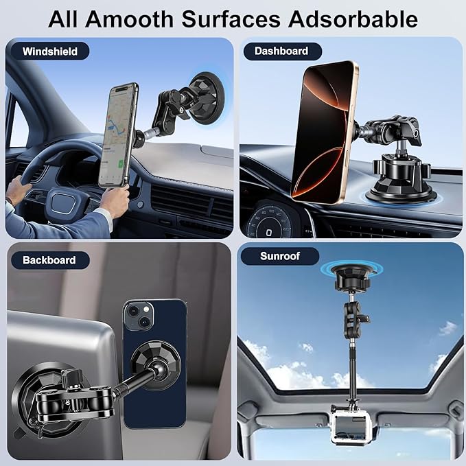 koolehaoda Magnetic Car Phone Holder for Magsafe, Vacuum Suction Cup Phone Mount for Windshield Dashboard, 360° Adjustable Metal Arm Car Phone Holder for iPhone Samsung All Smartphone & Cars Truck