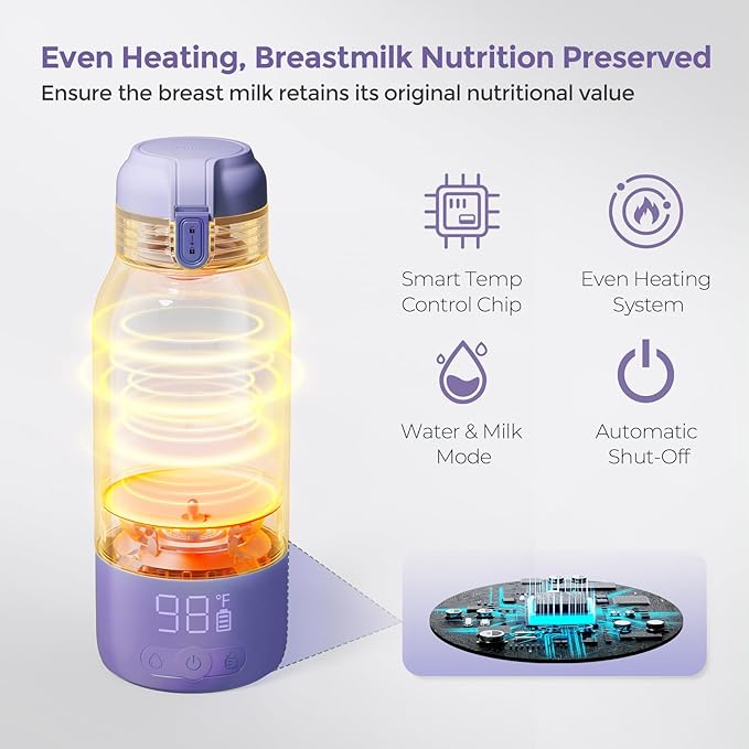 Momcozy Portable Bottle Warmer for Travel – Dual Heating Modes for Breast Milk & Water, Portable Milk Warmer with Fast Heating & Long Battery Life, 17 Ounces Large Capacity, Purple