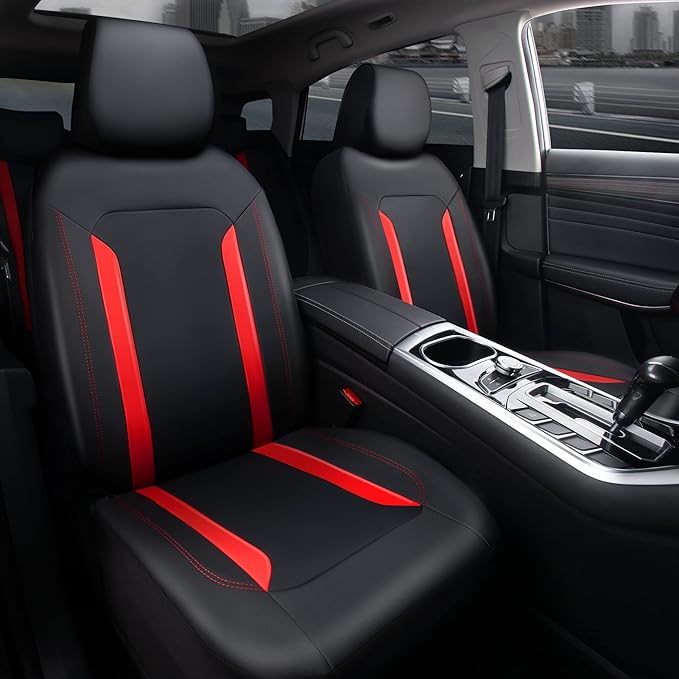 CAR PASS Universal Leather Car Seat Covers Full Set, Waterproof wear Durable Faux Leather Seat Covers 5 Seats Protector, Rear with Zipper, Airbag, Fit for SUV Pick-up Truck Vehicle Auto Black and Red