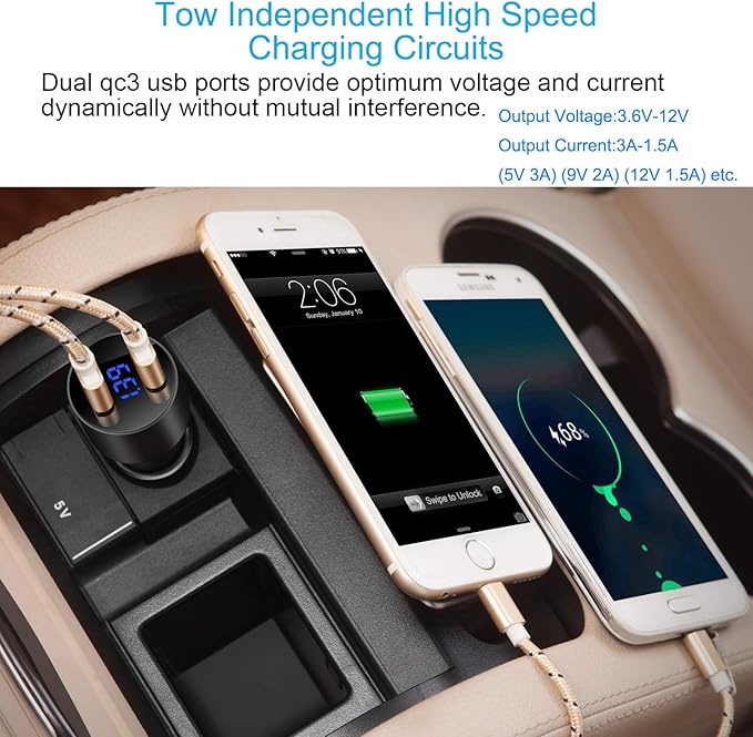 Car Charger, USMEI Quick Charge 3.0 Dual USB Charger Adapter with Voltmeter, Compatible with iPhone 15/14/13, Samsung S24/S23/S22/Note 20/10 and More