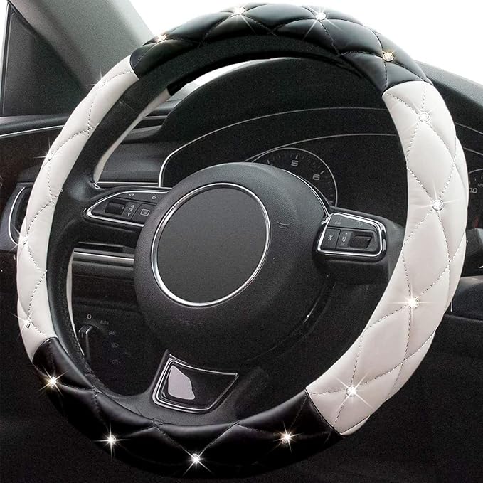 Xizopucy Black White Steering Wheel Cover, Anti-Slip Steering Wheel Protector with Crystal Rhinestones, Car Steering Wheel Cover for Women and Girl Fit 14.5-15 inch