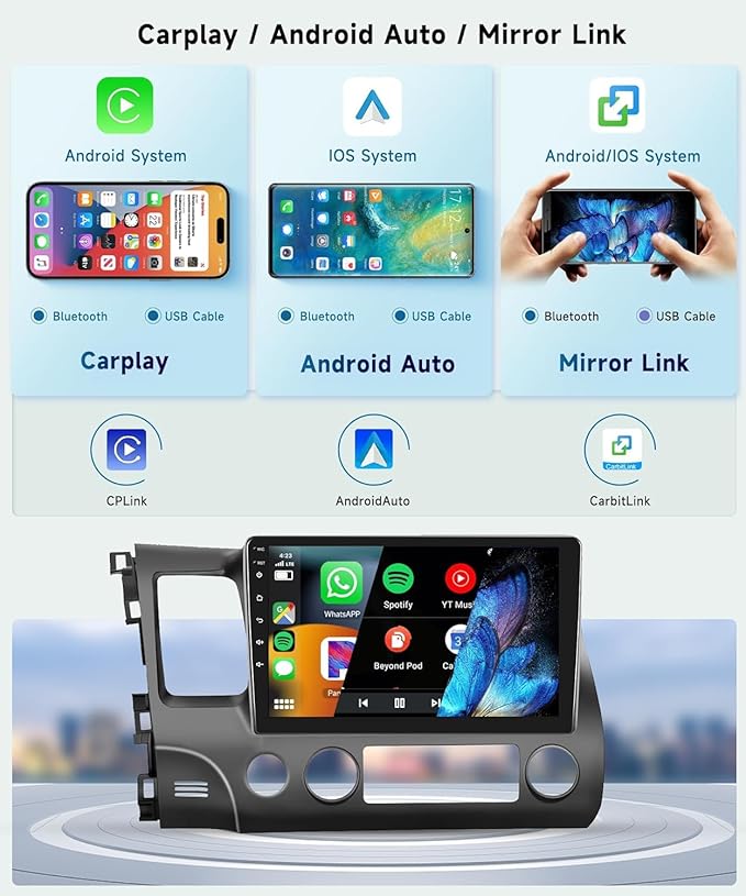 8 CORE 4G+64G Car Radio Stereo for Honda Civic 2006-2011 with Wireless CarPlay/Android Auto, 10.1 Inch 1280 * 720P IPS Touch Screen Android 13 GPS WiFi Bluetooth 32-Band DSP HD Rear Camera
