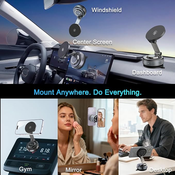 for Magsafe Car Mount Charger, 15W Fast Wireless Charging with Intelligent Cooling, 120LBS Ultra Suction Vacuum Magnetic Phone Holder, 780° Adjustable Metal Arm for iPhone 17 16 Air Pro Max