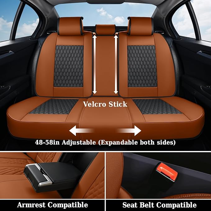 Coverado Car Seat Covers Full Set, Nappa Leather Seat Covers for Car, Waterproof Car Seat Protector with Lumbar Support, Automotive Seat Covers Universal Fit for Most Cars SUV Trucks (Brown-Black)
