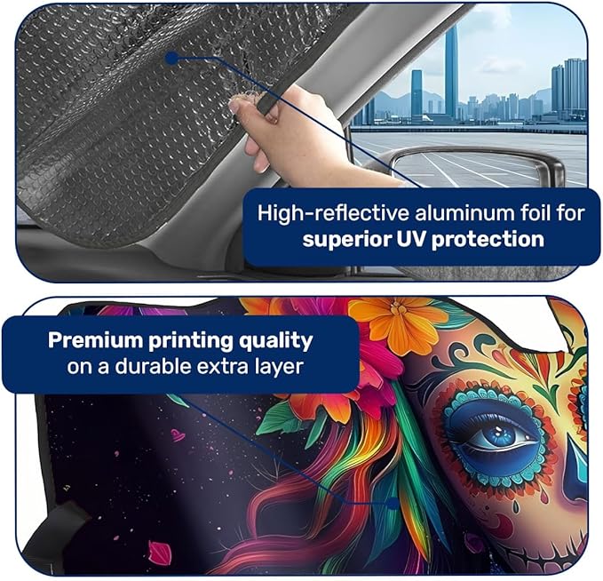 GENANY Sugar Skull Woman Windshield Sun Shade for Car SUV Truck (55x30 Inches), Sun Shade Windshield, Shades for Windows, Protector Blocks UV, Christmas Car Decor