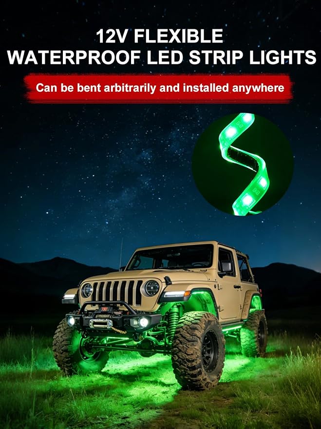 YM E-Bright 4Pcs Led Strip Lights for Car 24inch Waterproof IP68 Car Underglow Strip Lights Decoration 36SMD 12V Led Interior Exterior Lights Strip for Cars Motorcycles Truck Golf Cart Boat - Green