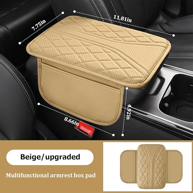 Car Center Console Cover, Leather Vehicle Armrest Box Pad with 2 Storage Bags, Automotive Interior Arm Rest Cushion Protector Accessories, Universal for SUV Sedan Truck (Beige)