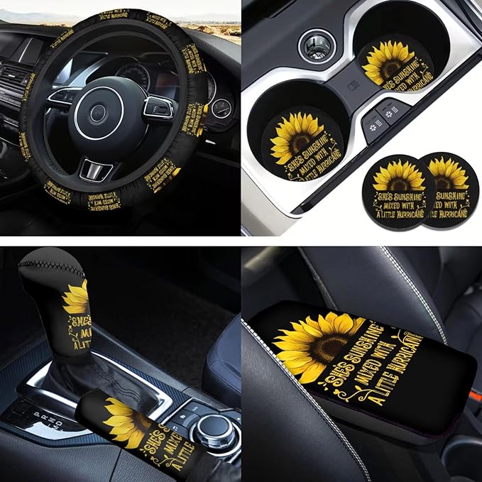 Sunflower Car Accessories 6 Pcs Sets Sunflower Car Steering Wheel Cover Set for Men Women Auto Interior Accessories Cup Holder Fit Vans Trucks,SUV