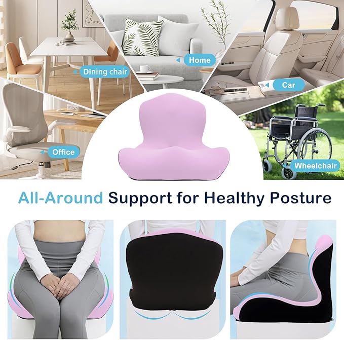 Seat Cushion for Office Chair and Car, L-Shaped Ergonomic Car Seat Cushions, Memory Foam Chair Cushion, Lumbar Support Pillow for Wheelchair, Car, Home, Office, Desk, Pink