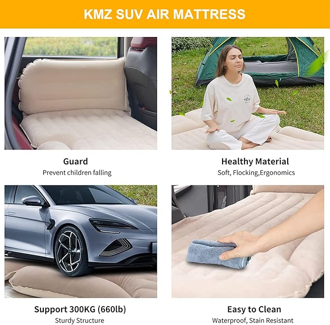 KMZ SUV Air Mattress Thickened and Double-Sided Flocking Travel Camping Bed with 2 Pillows & Pump Dedicated Mobile Cushion Inflatable Bed for SUV Trunk and Rear Seat (Beige and Coffee)