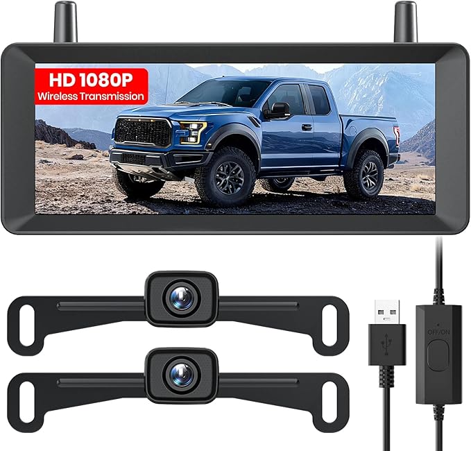 AUTO-VOX 2 Wireless Backup Camera: 7.2" USB-Powered Dual Split-Screen 1080P HD Monitor with DVR Recording, Front and Rear Coverage, Stable Signal, Back Up Camera for Pickup, Trailer, SUV