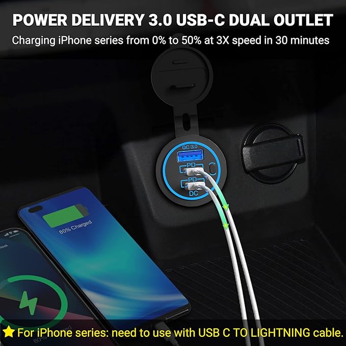 USB C Car Charger Socket 12V USB Outlet 2 Pack,78W RV USB Outlet Dual 30W PD USB-C and 18W QC3.0 Car USB Port with Button Switch Waterproof for Car RV Boat Marine Truck Motorcycle ect
