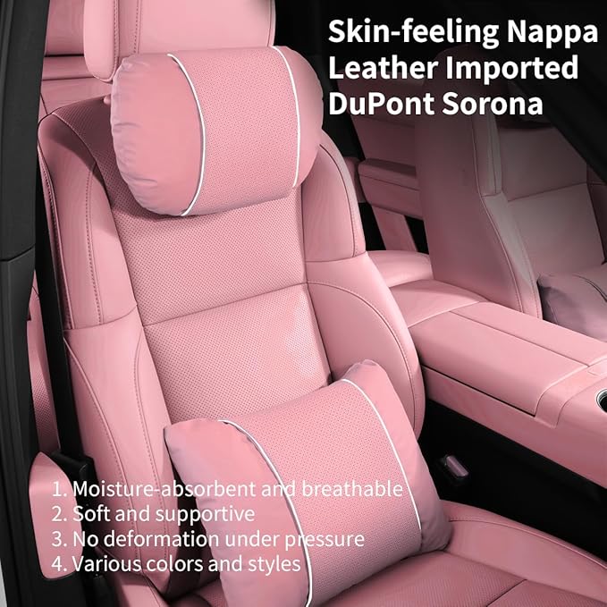 Car Headrest & Lumbar Support Set,Premium Skin-Feeling Napa Leather Soft and Comfortable Headrest,Car Seat Headrest Pillow Waist Support Car Interior Accessories for Driving Home Office