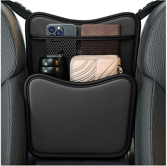 Car Purse Holder Between Seats, Nappa Leather Front Seat Storage Bag with Tissue Holder, Large Capacity Automotive Console Organizer for Document Phone Wallet, Car Accessories (Black)