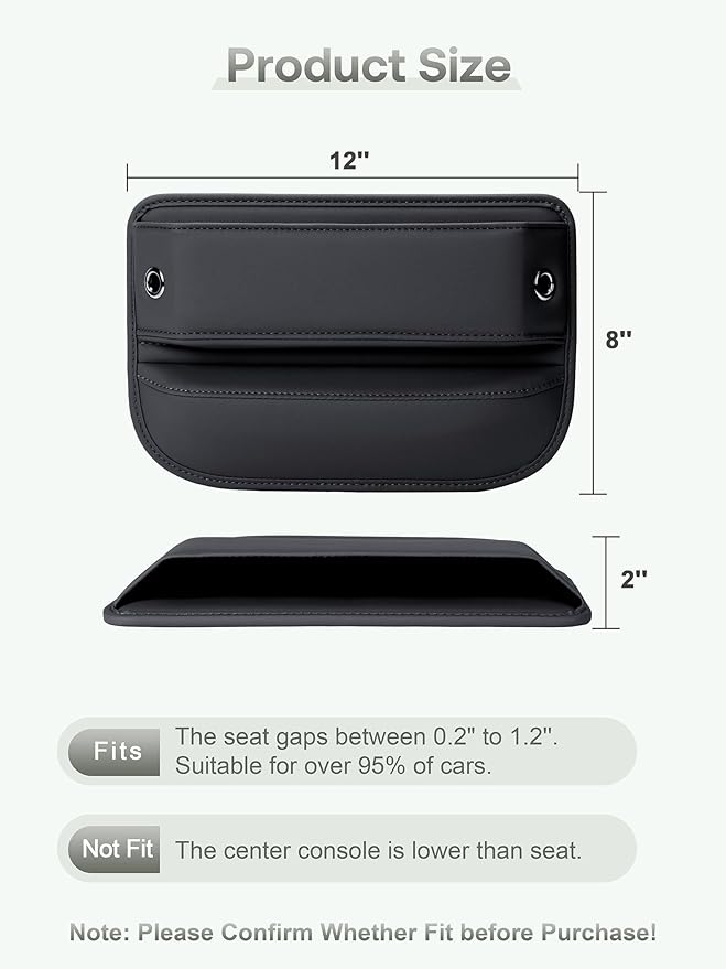 Premium Leather Car Seat Gap Filler Organizer (0.2”-1.2" Gaps), Clever Gifts for Car SUV Truck Owners (Black, 1 Pack)