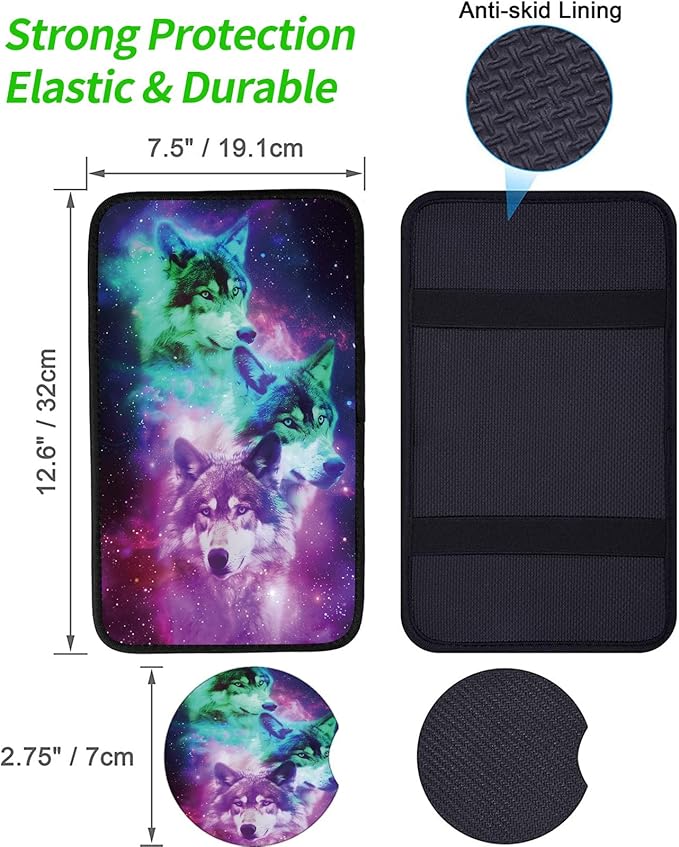 Car Armrest Cover Pads Universal Fashion Cute Auto Center Console Armrest Cover Pad with 2PCS Car Coasters Soft Waterproof Car Armrest Seat Protector for Women, Galaxy Three Wolves