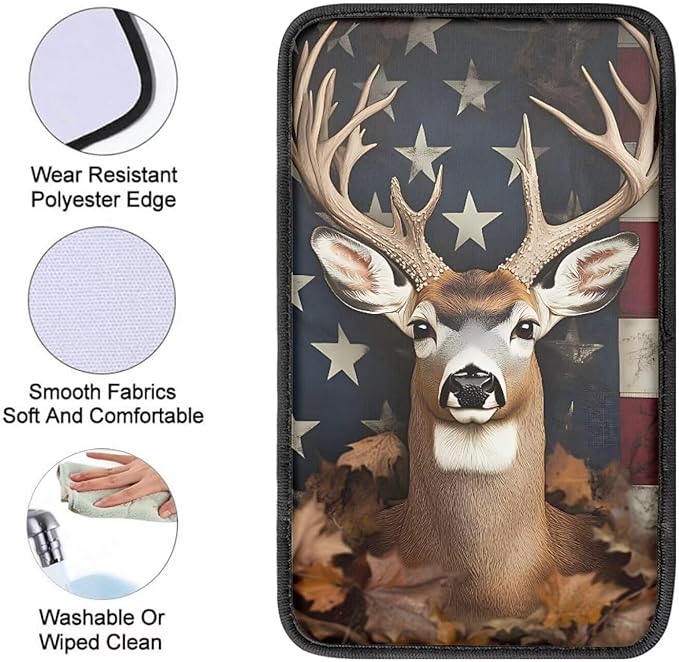 Suobstales Deer American Flag Leaves Print Car Armrest Pad Soft Center Console Arm Rest Protector Cover Universal Car Interior Accessories Decoration