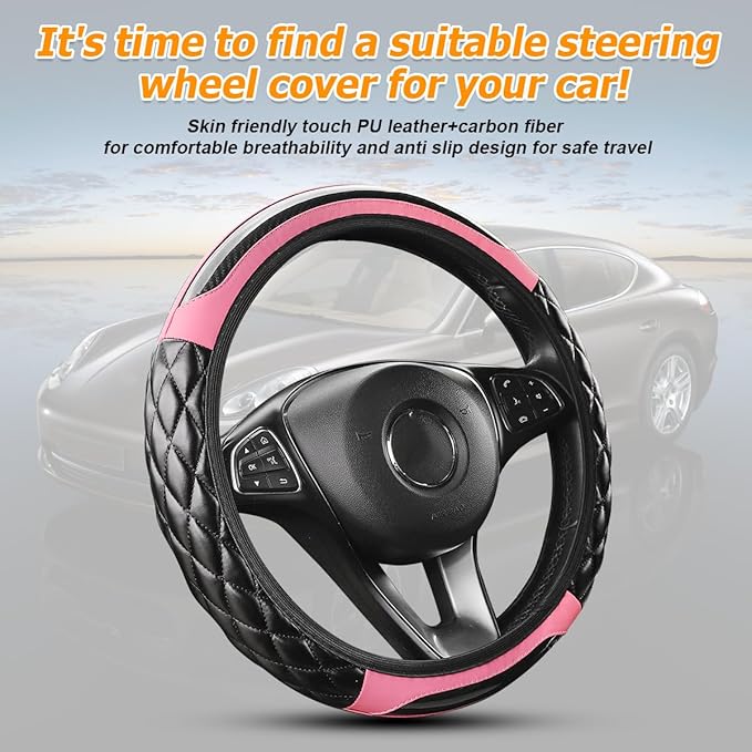 Carbon Fiber Car Steering Wheel Cover, Leather Breathable Non-Slip 14.5-15 Inch Vehicle Steering Wheel Protector, Auto Interior Protection Accessories, Universal for SUV Sedan Truck(Pink)