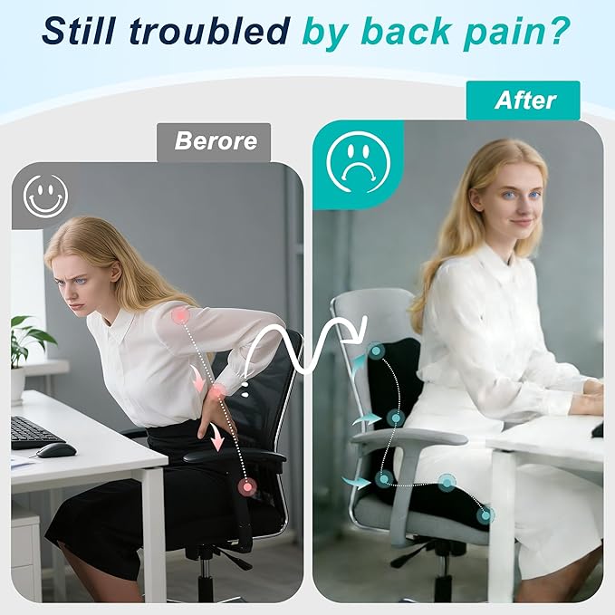 Seat Cushion for Office Chair and Car, Lumbar Support Pillow for Office Chair, Memory Foam Ergonomic Seat Cushion for Long Sitting, Back & Tailbone Pain, Sciatica - Black
