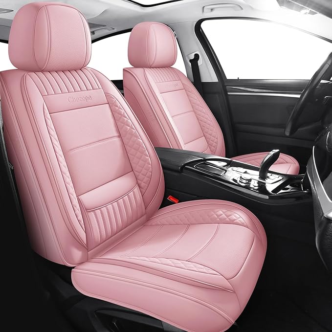 Chezope Car Seat Covers Full Set, Pink Leather Seat Covers, Breathable Front and Back Car Seat Protectors, Wear-Resistant Seat Covers Universal Fit for Most Cars SUV Truck (Pink-Stripes-A, Full Set)