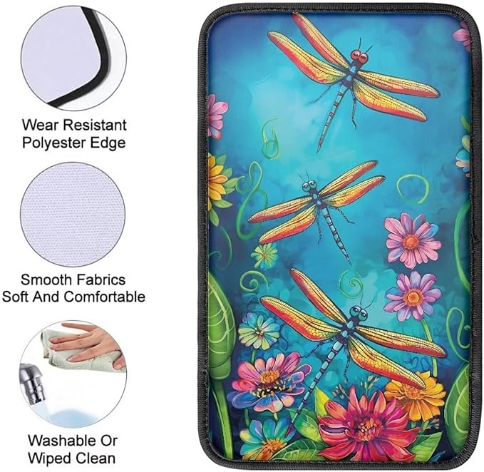 Dreaweet Dragonfly and Flower Print Car Center Console Armrest Cover Pad Soft Universal Center Console Armrest Cover Protector for Vehicle SUV Trucks Sedan Cute Car Accessories for Women Girly