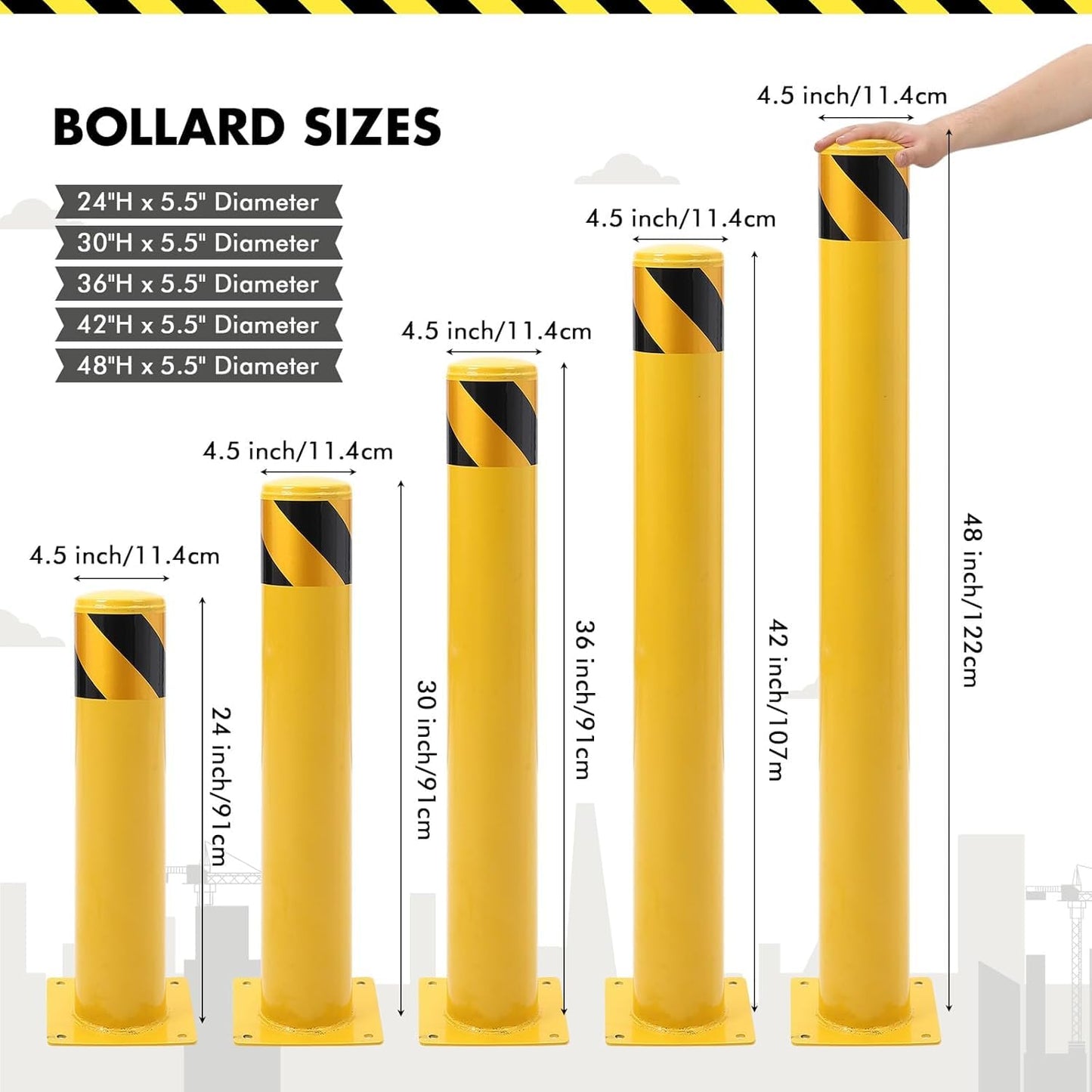 2 Pack Safety Bollard Post, 30 Inch Height 4.5 Inch Diameter Yellow Pipe Safety Steel Bollards with Anchor Bolts and Wrench, Steel Bollards for Road Warning Construction Public Place Traffic Control