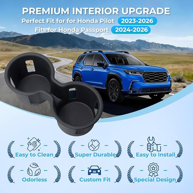 Car Center Console Cup Holder Inserts for Honda Pilot 2023-2026 & Passport/Ridgeline 2024-2026, TPE Interior Accessories Cup Holder Protector for 23-25 Pilot & 24-26 Passport/Ridgeline, Black