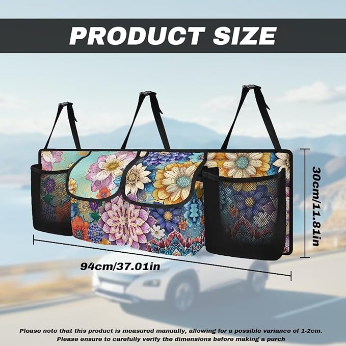 Boho Mandala Floral Blossom Car Trunk Organizer with 3 Adjustable Buckles Hanging Cargo Bag with 4 Storage Bags,Sturdy Space Saving Expert,Gift for Women